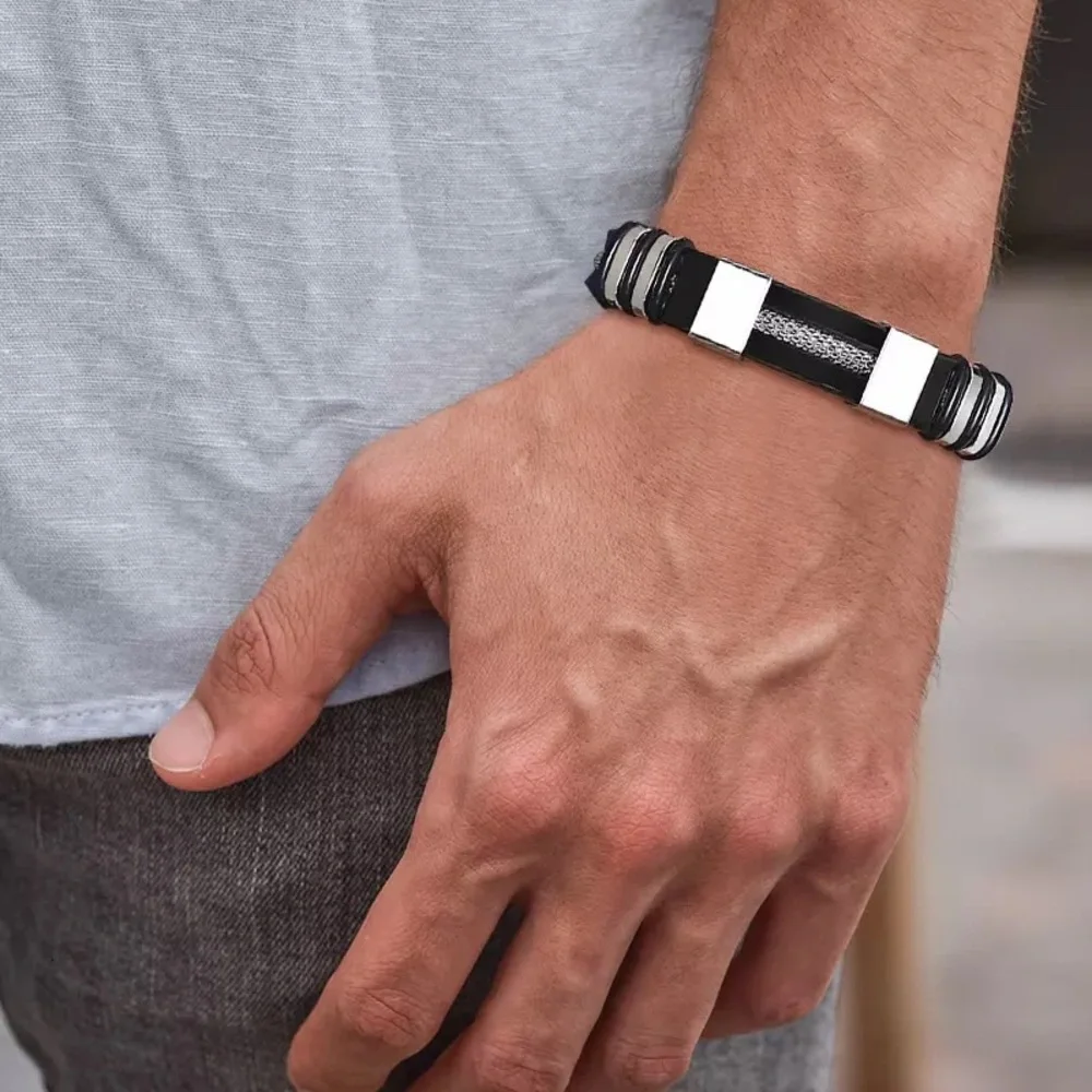 Water resistant Groove Wrap Men Metal Poly Stainless Steel Duo Bracelet